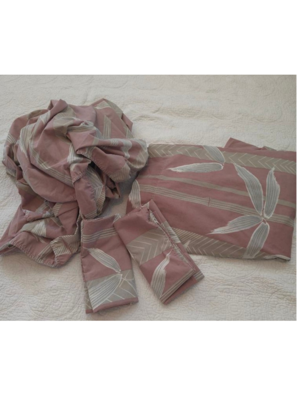 RARE Vintage 80's Wamsutta King Sheet SET Pink Beige Bamboo Print Boho 4Pc Set